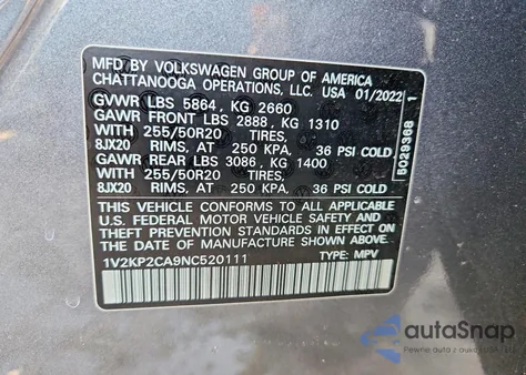 2022 Volkswagen Atlas Se from USA, damaged, VIN 1V2KP2CA9NC520111